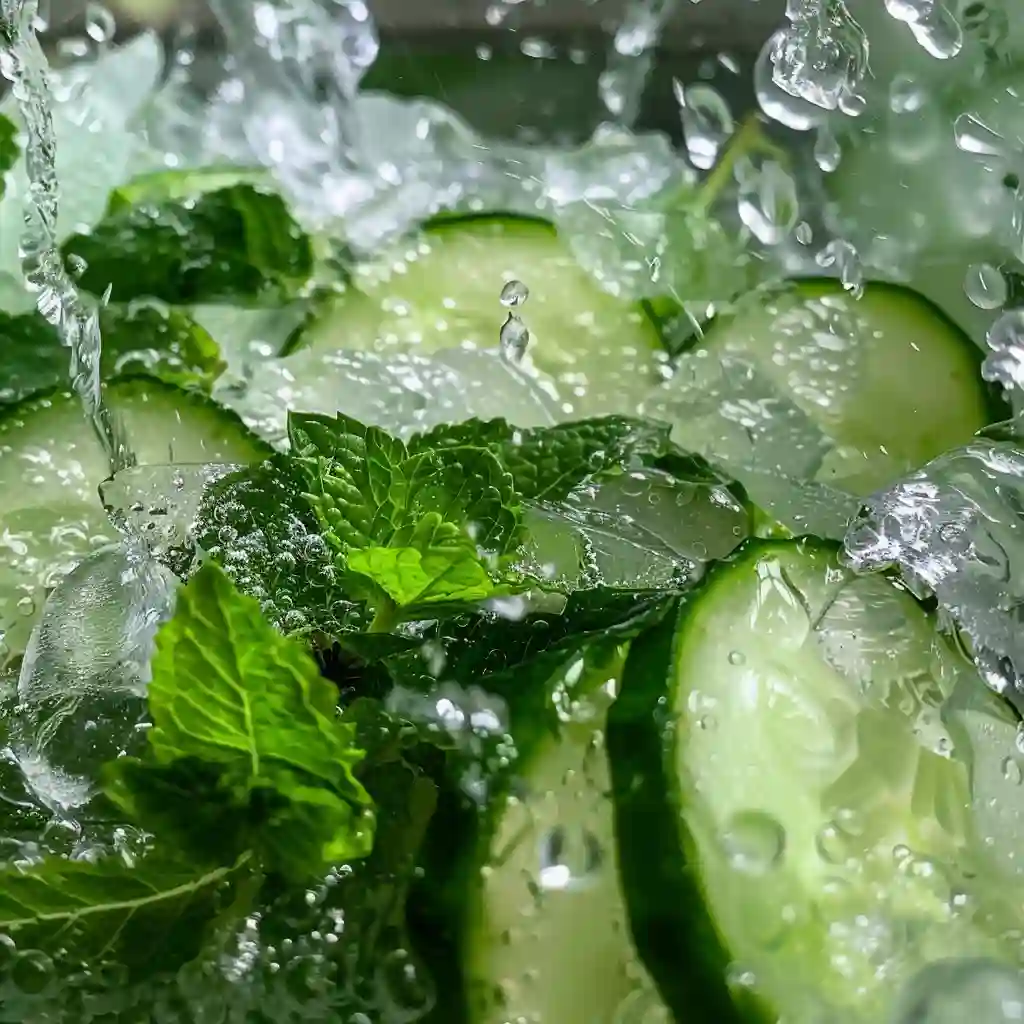 Adding cucumber and mint to lemon ice water in a tall glass – natural morning ritual drink