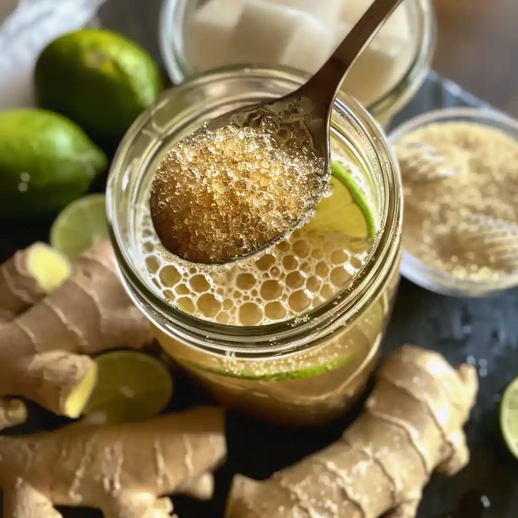 Adding ginger bug starter to cooled ginger-lime base in a jar, close-up of bubbles forming