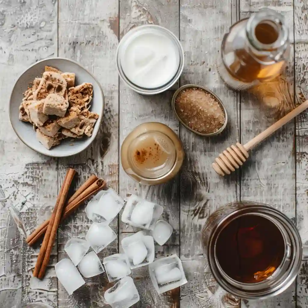 All ingredients for Iced Teddy Graham Latte laid out on a rustic counter
