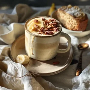 Banana bread latte served with banana mug cake and walnuts