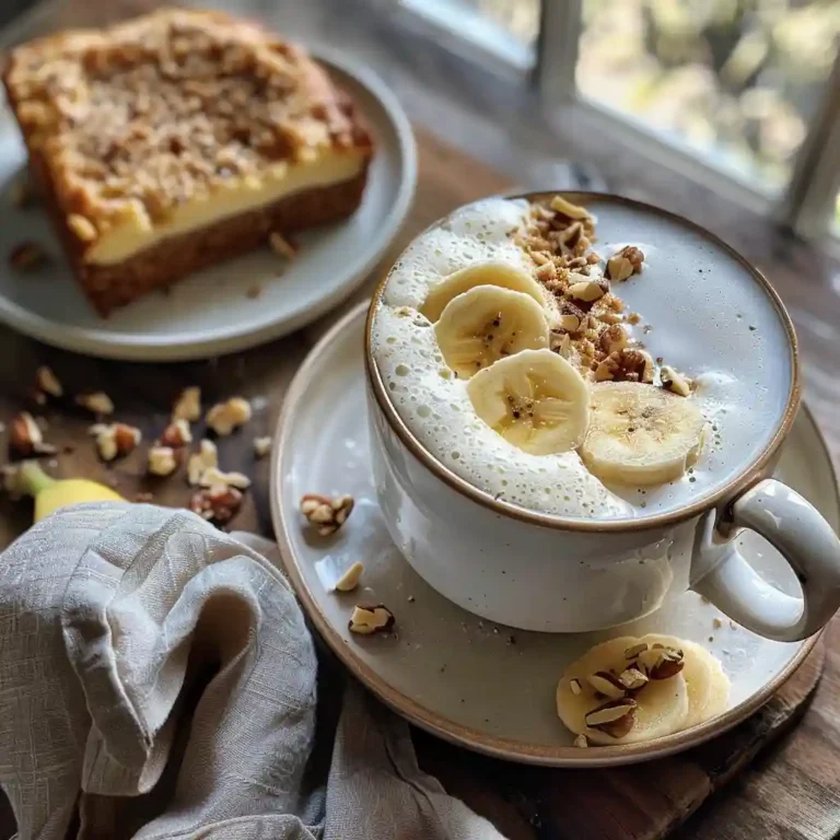 Banana bread latte with frothy oat milk and cinnamon in a clear mug beside banana bread slice