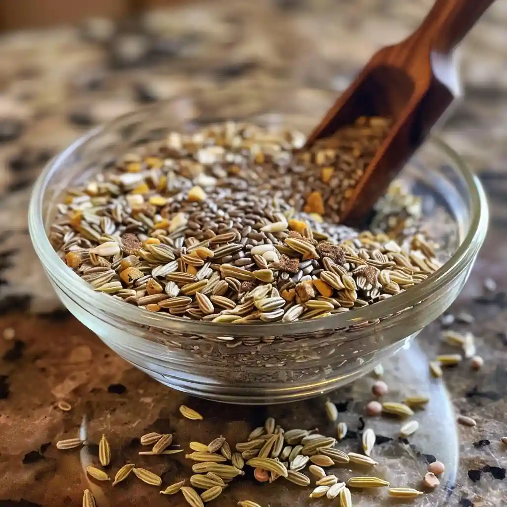 Bariatric seed recipe for weight loss in a small glass bowl with a wooden spoon on a rustic counter