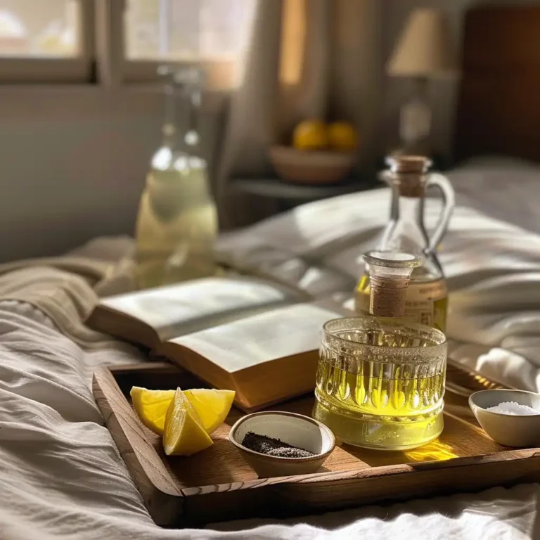 Bedside serving of lemon–olive oil tonic with book and water carafe; ingredients visible in background