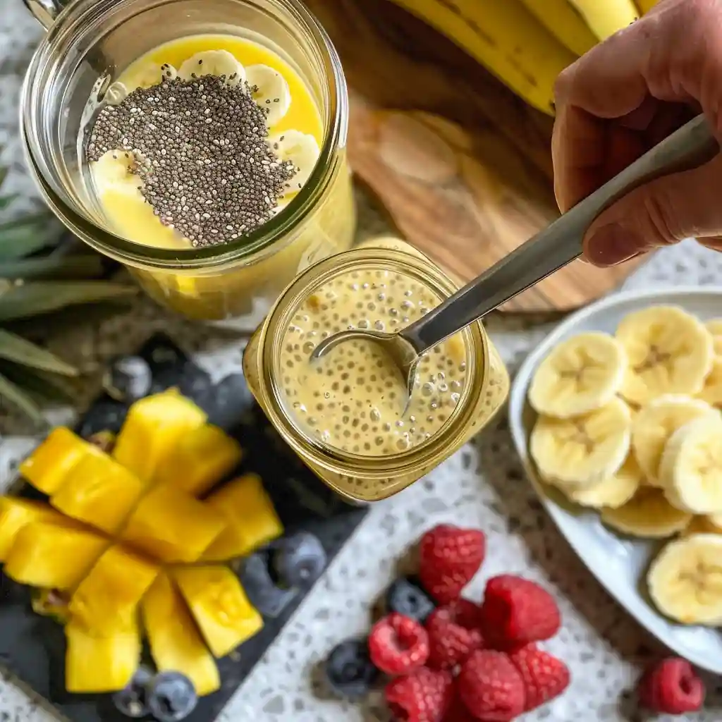 Blending a tropical mango-pineapple smoothie with chia seeds and coconut water