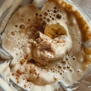 Blending banana, oat milk, and cinnamon to make banana latte base
