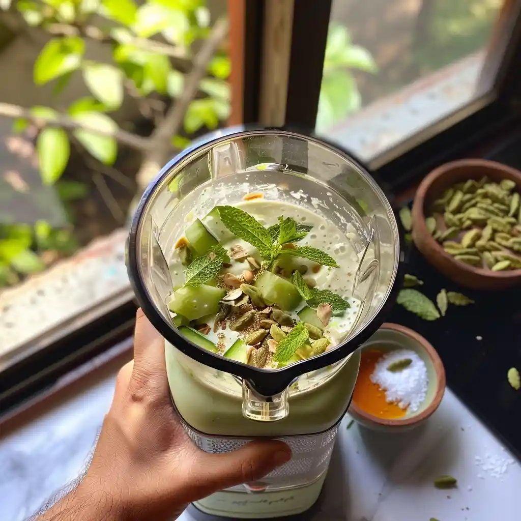Blending salty lassi with yogurt, cold water, salt, mint, and cucumber