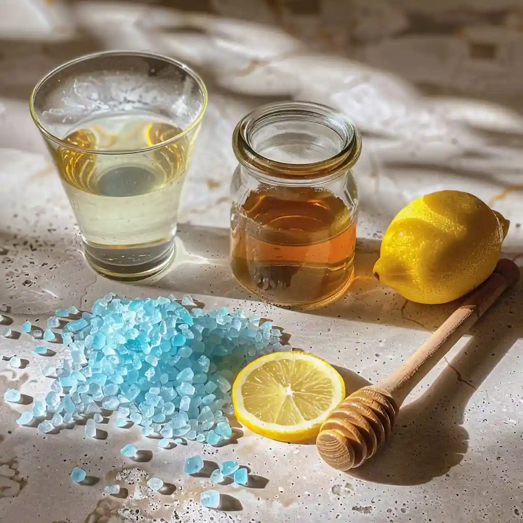 Blue Himalayan salt, lemon, honey, and water displayed for blue salt trick for men ingredients