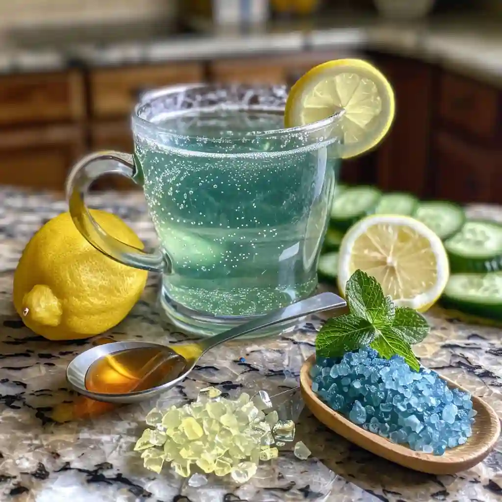 Blue salt trick drink in a glass mug with Persian blue salt, lemon, honey, mint, and cucumber – featured morning ritual image