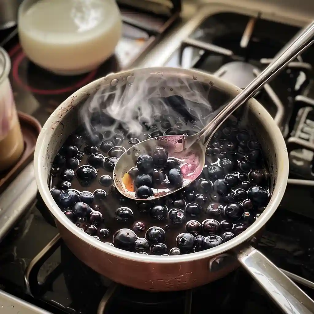 Blueberries simmering with honey and vanilla in a saucepan as a spoon gently mashes the berries