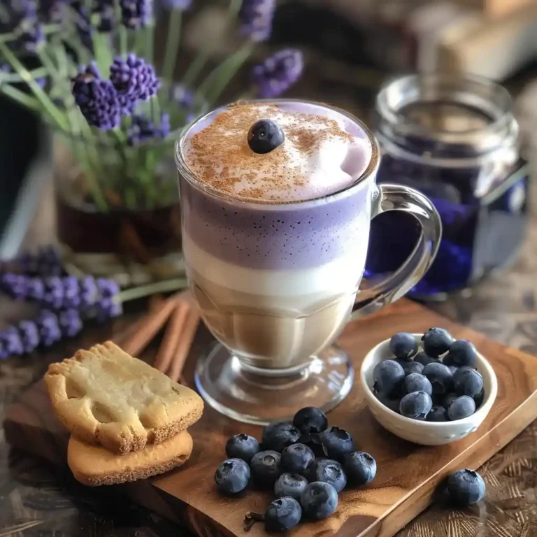 Blueberry latte served in a clear glass with microfoam, cinnamon dusting, biscotti, and fresh blueberries on the side