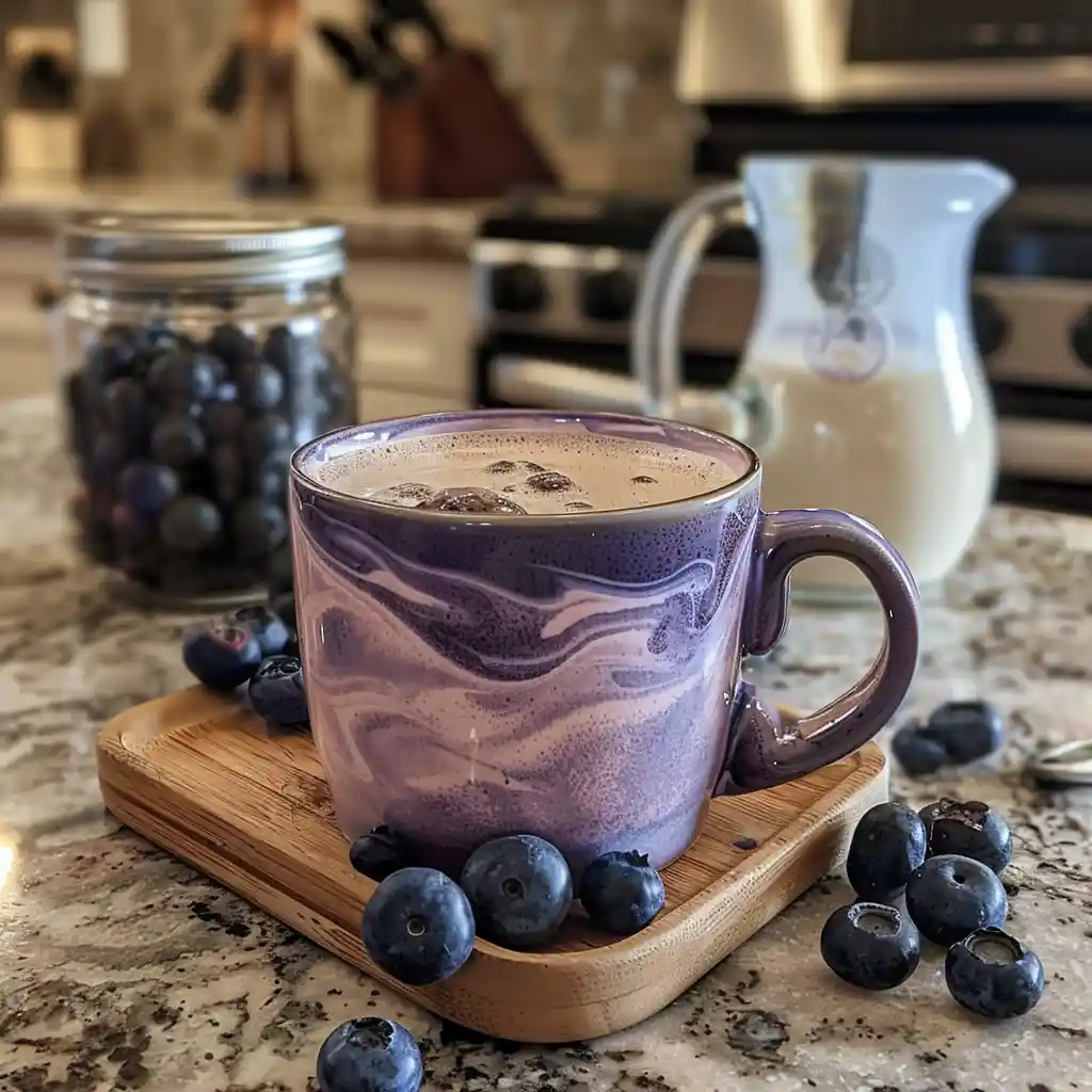 Blueberry latte with a soft purple swirl in a ceramic mug, surrounded by blueberries, syrup jar, espresso shot, and milk