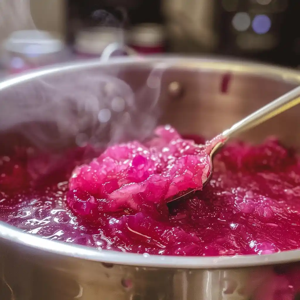 Boiling pot of prickly pear juice turning bright pink during jelly making