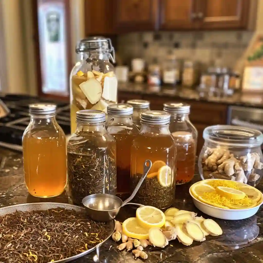 Bottling kombucha for second fermentation with lemon zest and ginger added