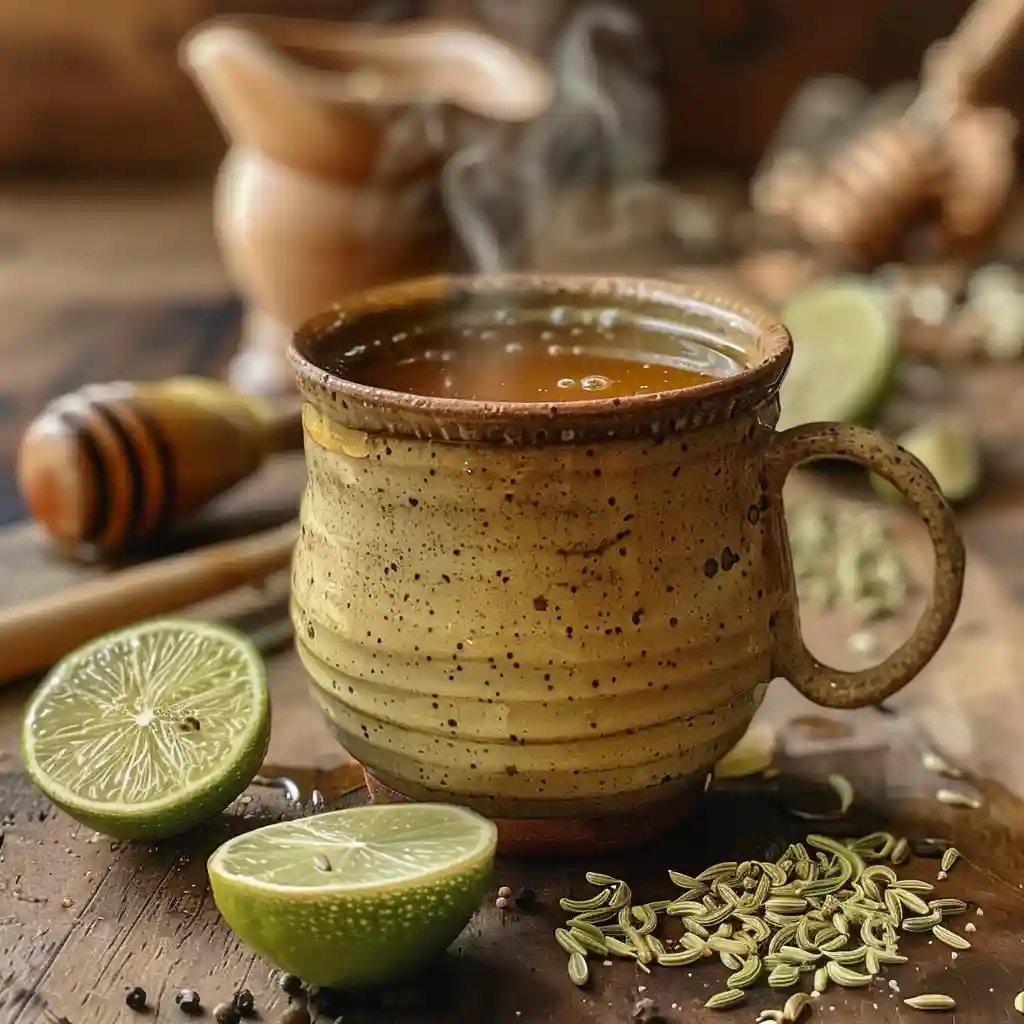 Brazilian honey trick drink in a ceramic mug with lime and honey dipper