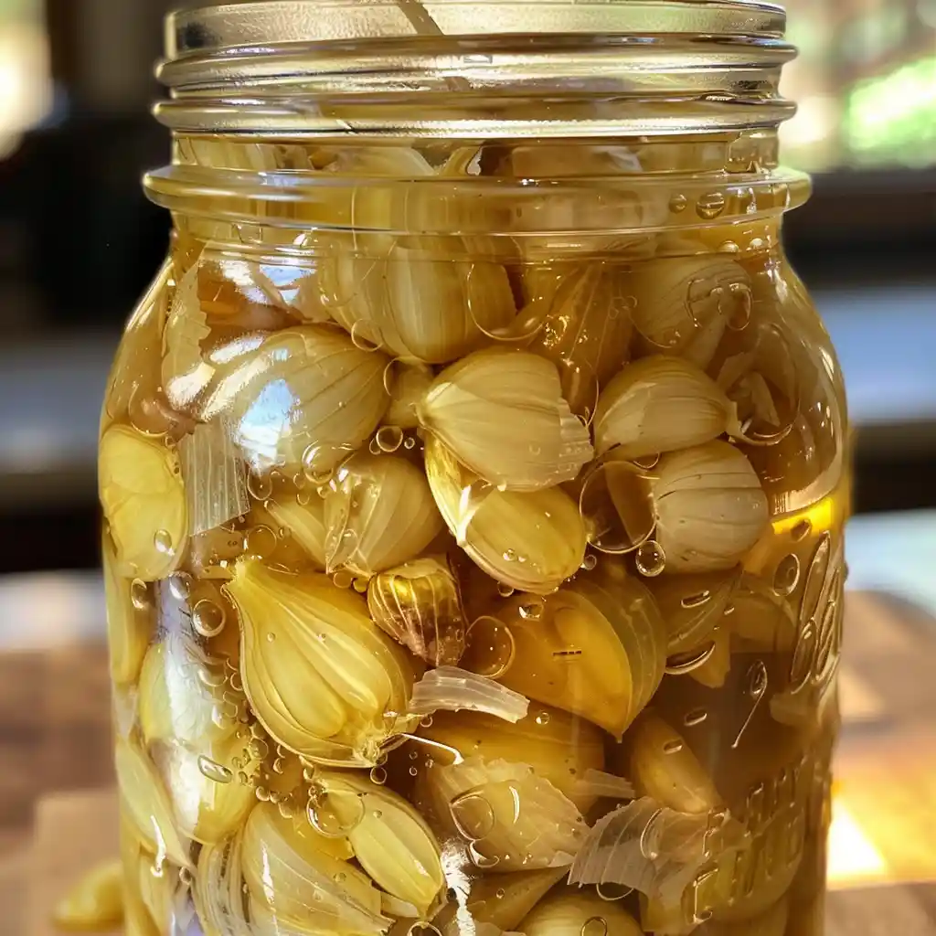 Bubbly honey fermented garlic jar mid-fermentation, showing active process