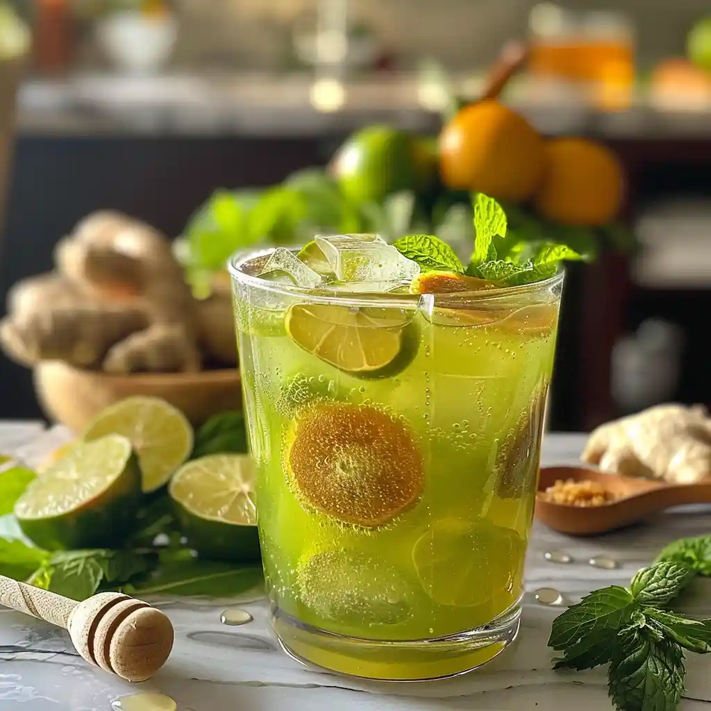 Calamansi drink in a clear glass with ice, golden-green hue, honey drizzle, and fresh mint
