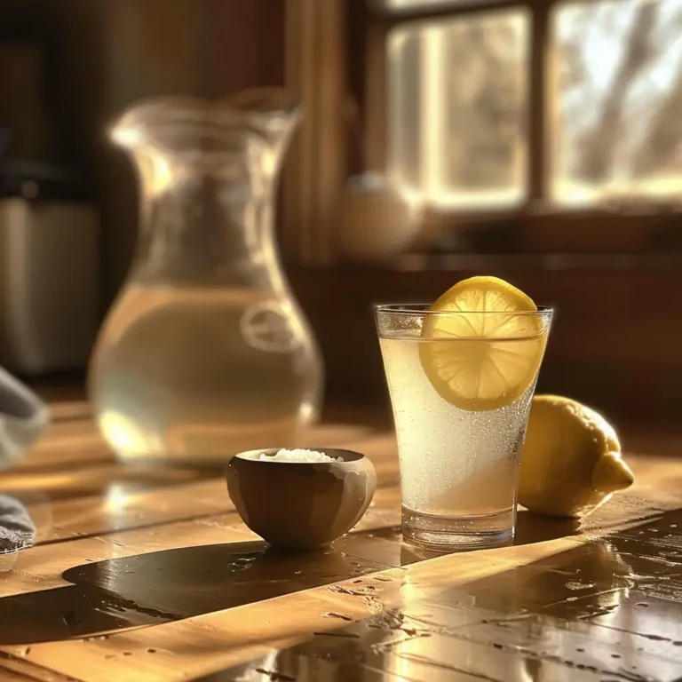 Celtic lemon–salt water in a clear glass with a ceramic bowl of gray sea salt and a halved lemon