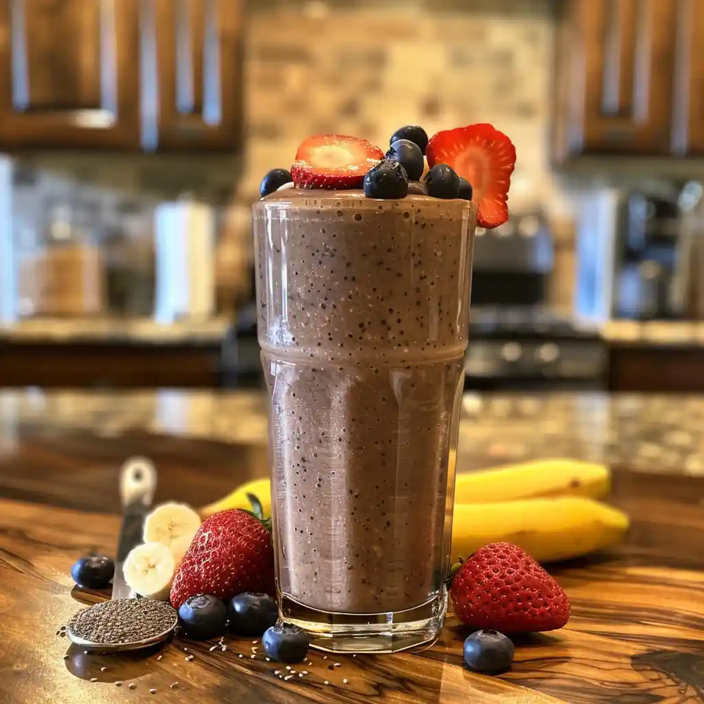 Chia seed fruit smoothie in a clear glass topped with soaked chia and fresh berries, banana slices, and condensation