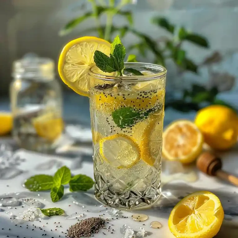 Chilled chia lemonade served over ice with a lemon wheel and mint sprig, extra jar of chia drink behind
