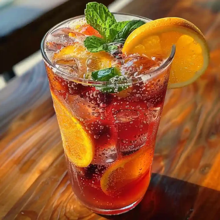 Chilled glass of homemade fruit punch soda with ice, orange wheels, and mint garnish