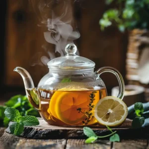 Chilling brewed tea in a jar next to Sprite and lemon