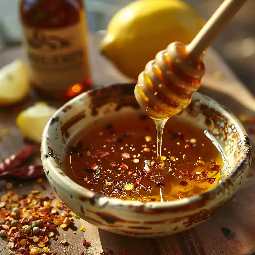 Close-up of hot honey in a bowl with honey dipper and surrounding chili flakes