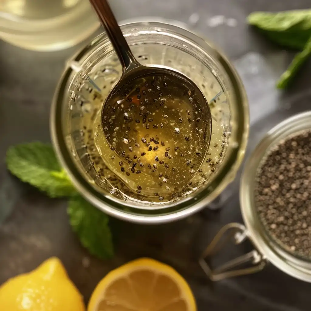 Close-up spoon lifting hydrated chia gel from the jar, showing glossy texture, with lemon and honey in the background