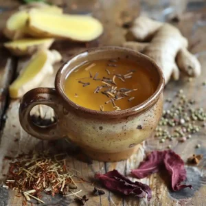 Costa Rican weight loss tea in a rustic mug surrounded by fresh herbs and spices