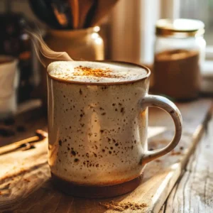 Creamy Ryze mushroom coffee latte with almond milk foam and steam on a rustic morning table