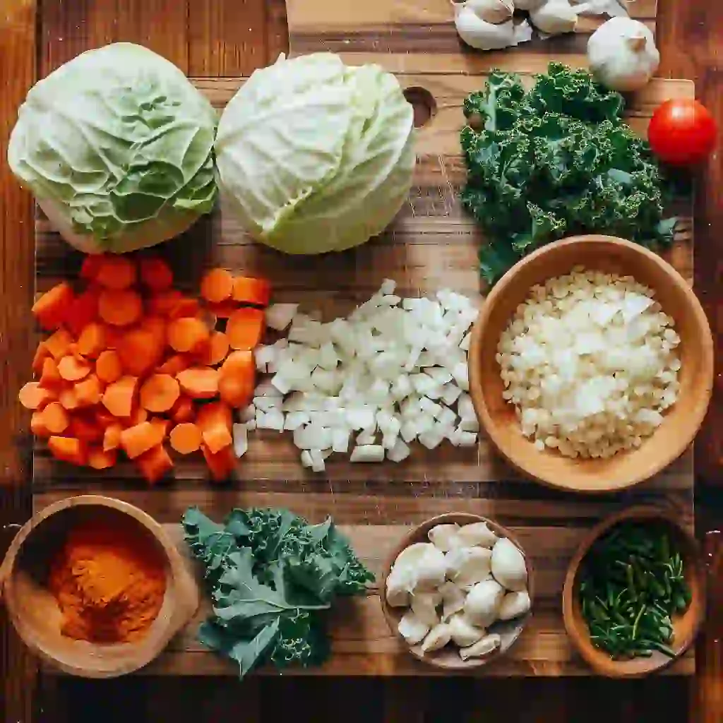 Detox Soup Recipes for Weight Loss ingredients like cabbage, garlic, carrots, and turmeric arranged on a wooden countertop