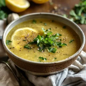 Detox soup served in a bowl with lemon water on the side
