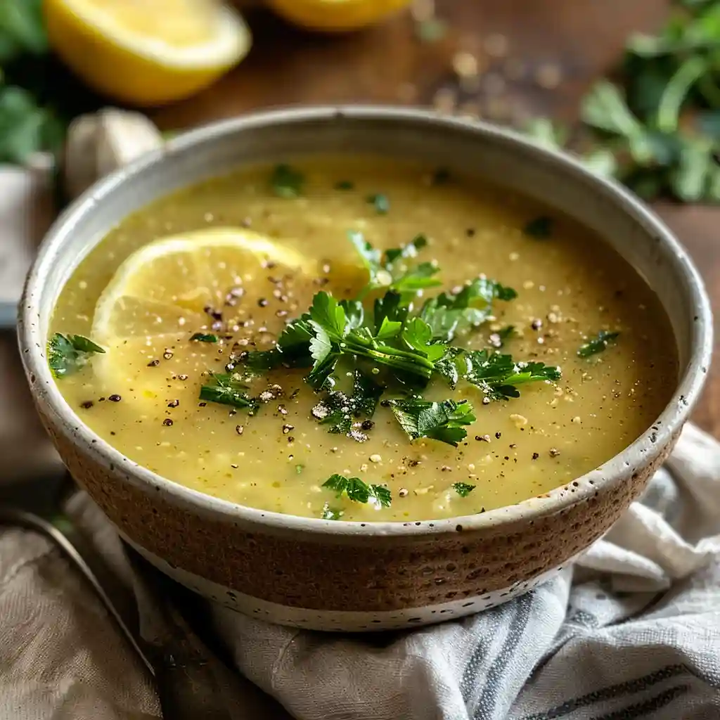 Detox soup served in a bowl with lemon water on the side