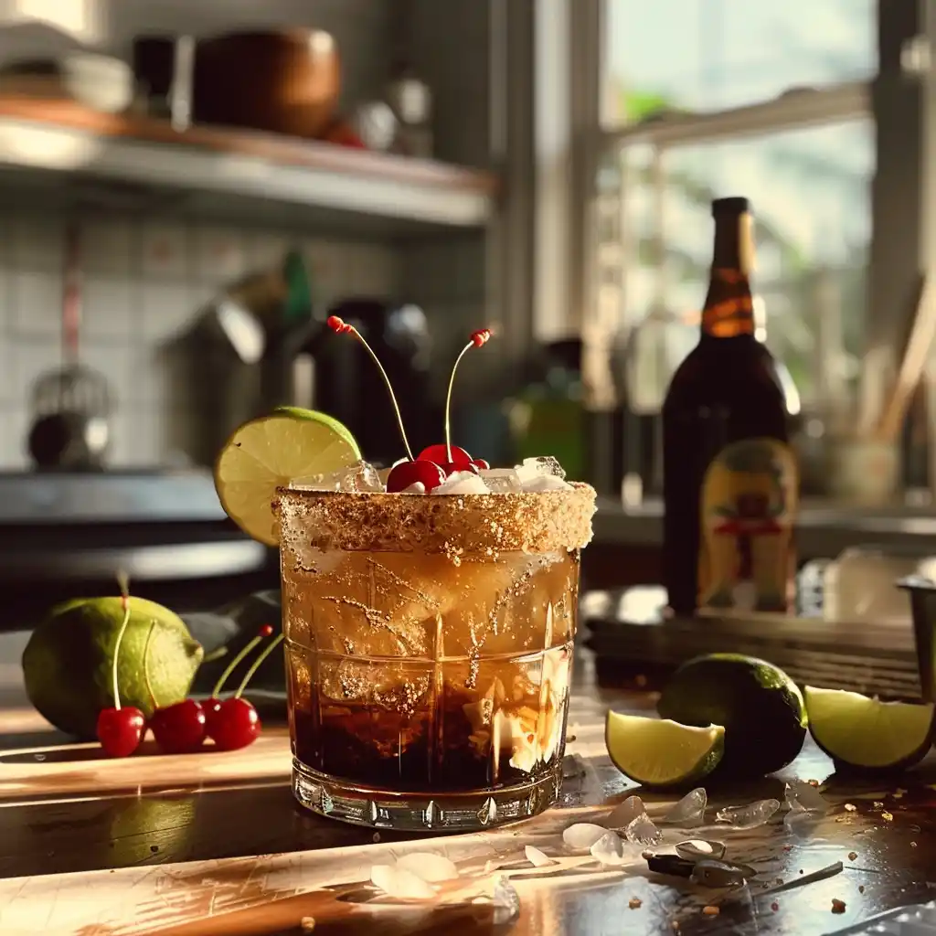 Dirty soda with cola, coconut cream, and fresh lime over pebble ice in a clear glass