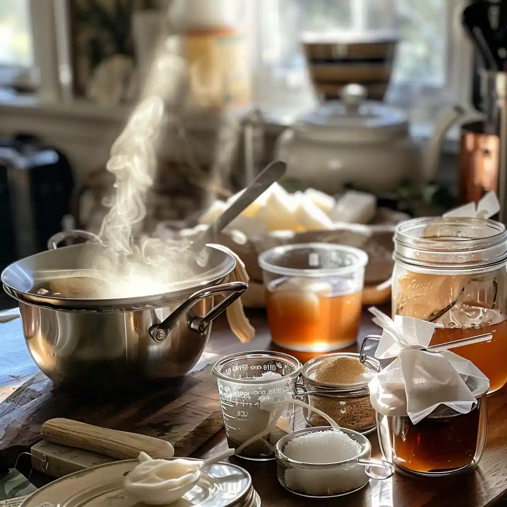 Dissolving sugar in hot tea for kombucha—steam rising as sugar is stirred