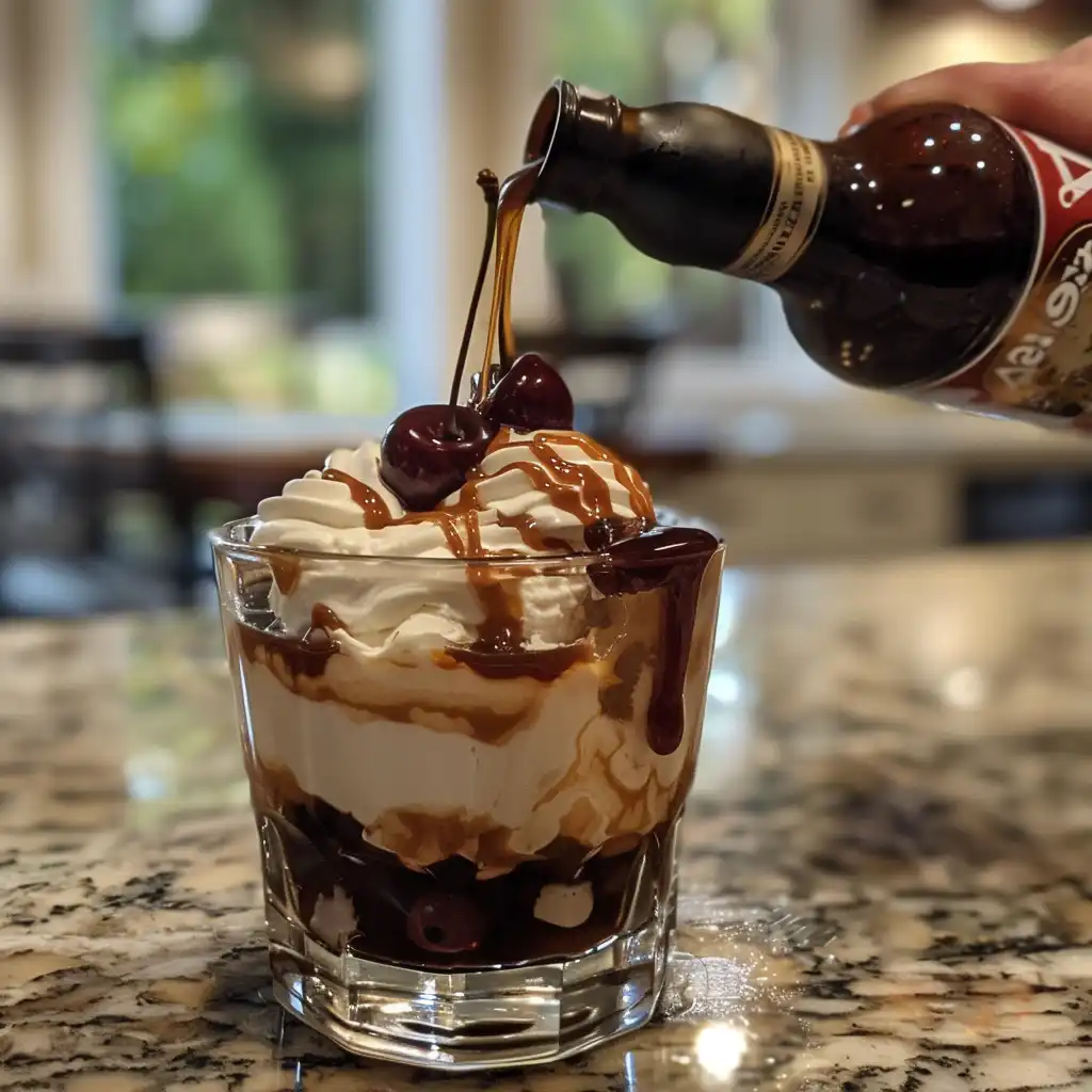 Drizzling caramel in a glass for a root beer float–style dirty soda with ice cream