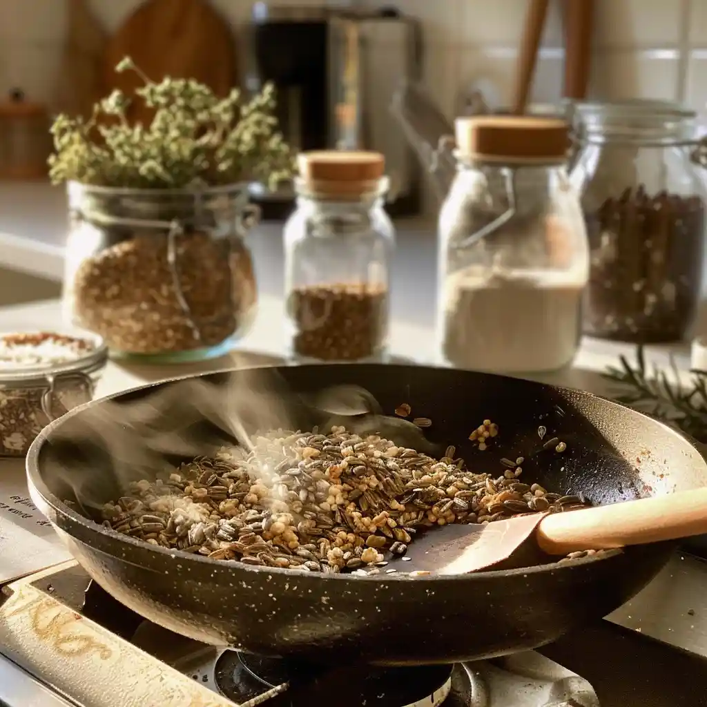 Dry-roasting fennel, cumin, and sunflower seeds in a skillet with a wooden spatula
