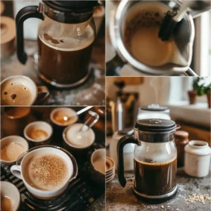 Espresso shot being pulled into a clear glass mug with coffee tools nearby