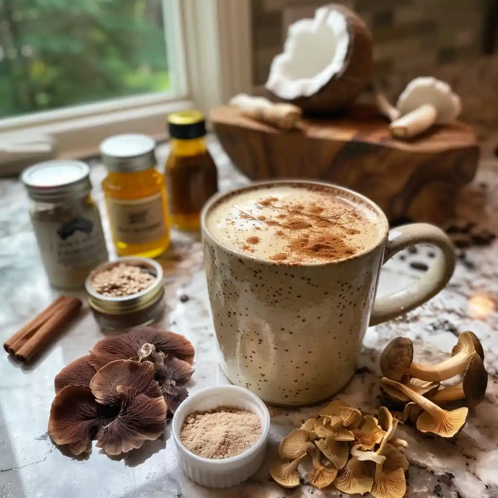 Featured cup of RYZE mushroom coffee with creamy coconut foam surrounded by Arabica beans, coconut milk powder, MCT oil, and six functional mushroom jars