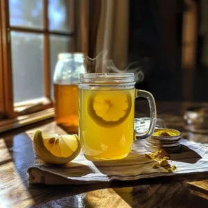 Featured gelatin citrus drink in a glass mug with lemon and honey on a wooden table