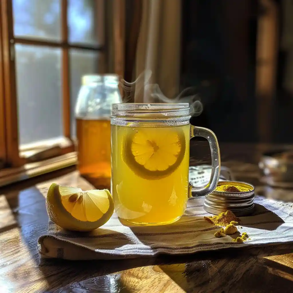 Featured gelatin citrus drink in a glass mug with lemon and honey on a wooden table