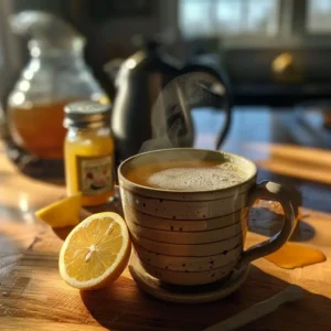 Featured gelatin weight-loss drink in a warm mug with lemon, honey, and Knox gelatin packet on a wooden counter