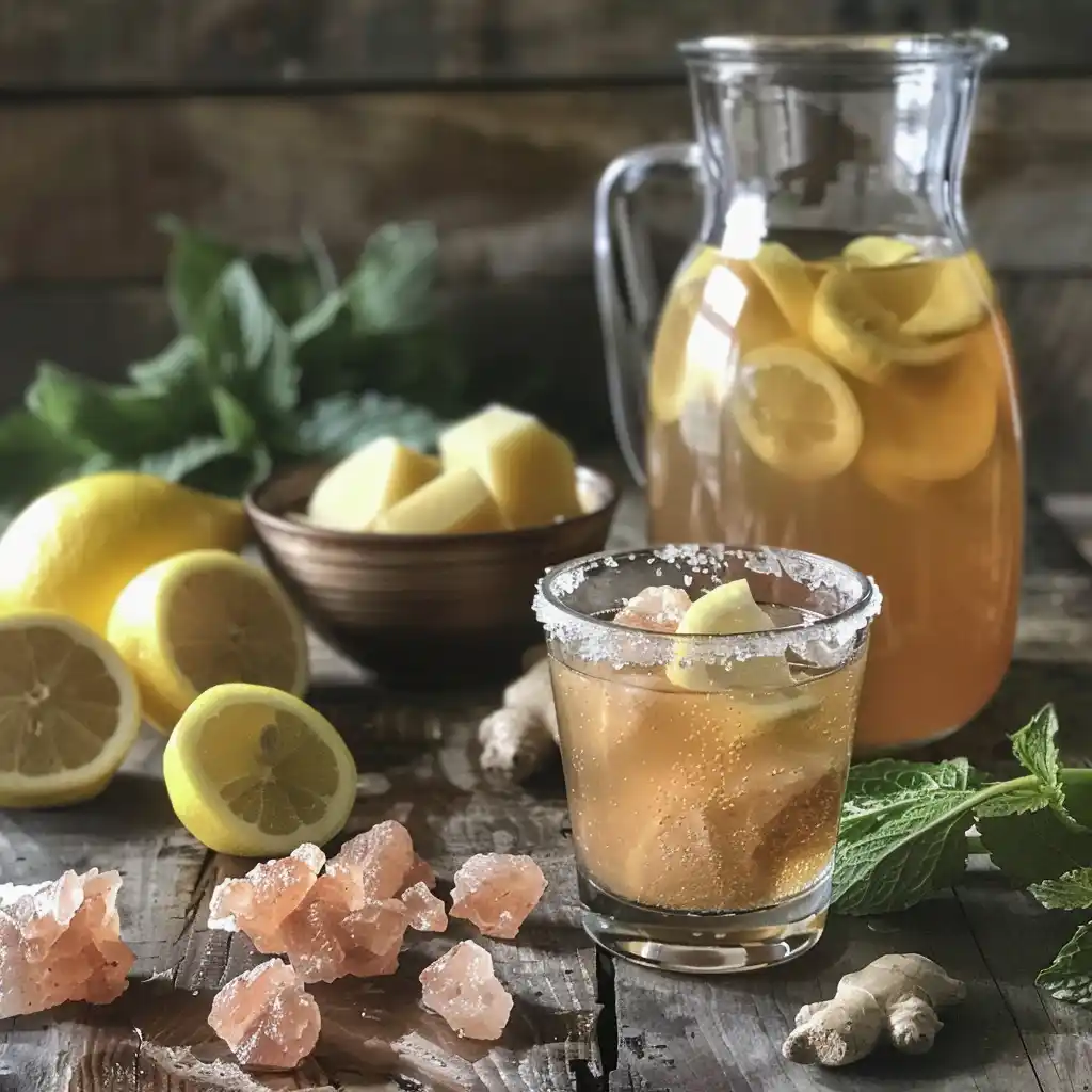 Featured glass of Himalayan pink salt lemon-ginger water with mint on a rustic counter