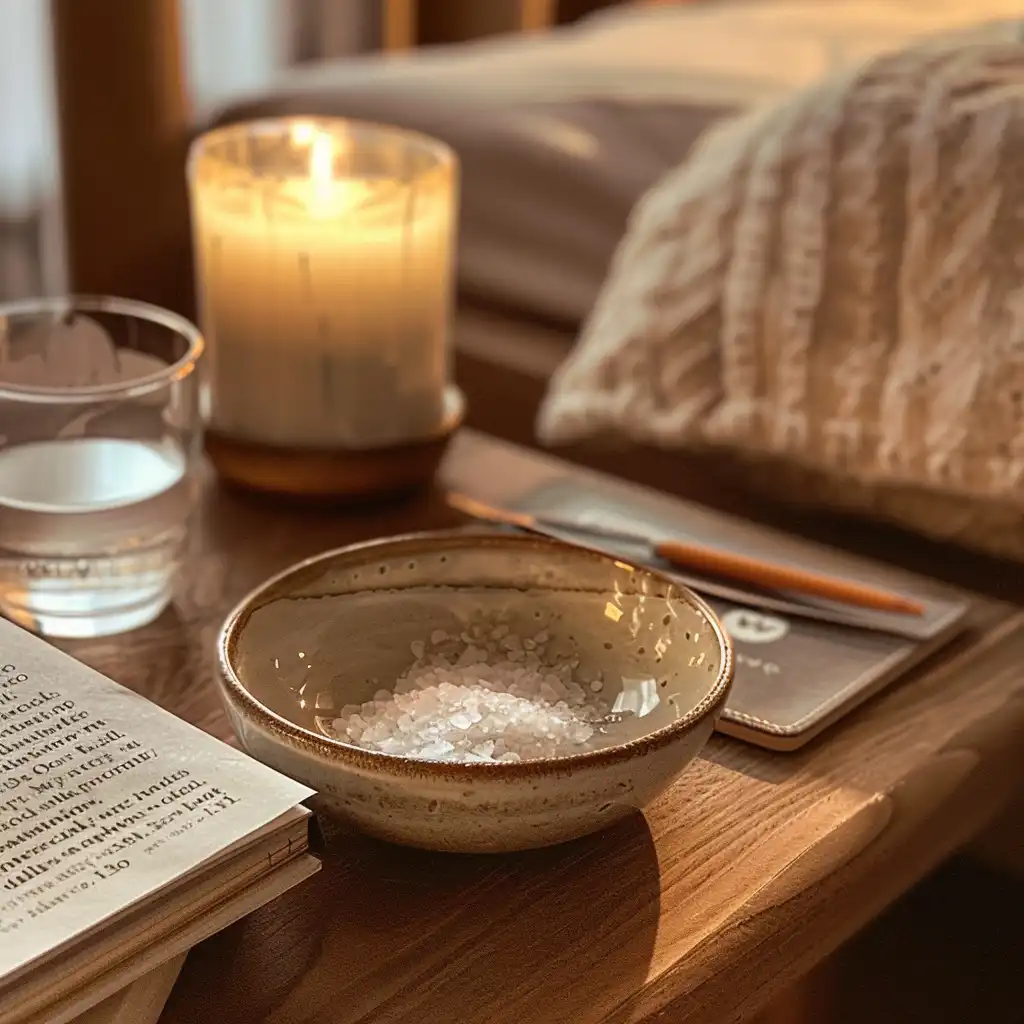 Featured image of the Celtic Salt Trick—pinch of grey Celtic sea salt on a ceramic pinch bowl with a water glass, sleep mask, and journal on a wooden nightstand