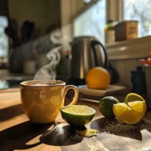 Featured mug of warm Pink Salt & Citrus Zest Detox drink with visible lemon wheel, lime zest, and a pinch bowl of Himalayan pink salt