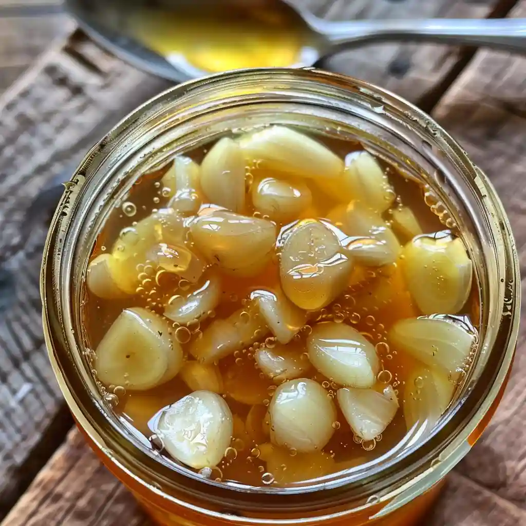 Fermented garlic honey in a jar with softened garlic cloves and tiny bubbles on a wooden counter