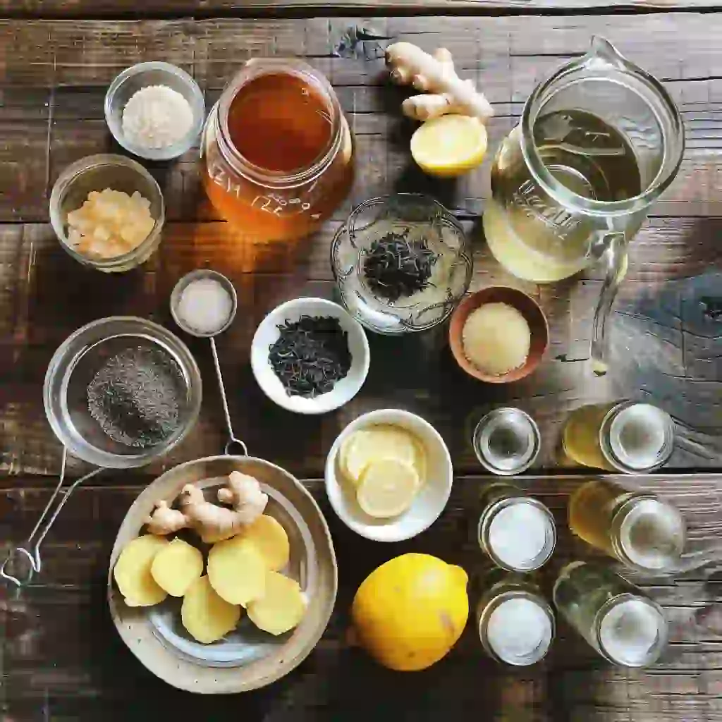 Fermented tea ingredients laid out—black tea, green tea, pu-erh, sugar, raw honey, SCOBY, ginger, lemon, glass jar, bottles
