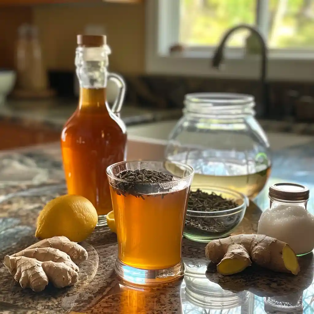 Fermented tea (kombucha) in a glass with visible SCOBY jar, tea leaves, ginger, lemon, honey, and bottles