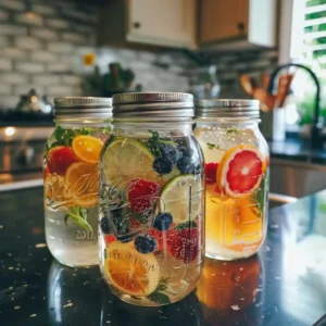 Fermenting homemade soda in mason jars with fruits and herbs