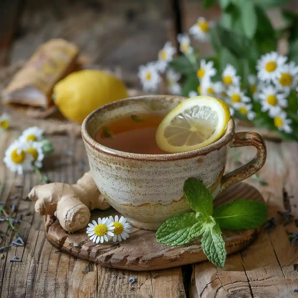 FGO peppermint tea served with lemon and honey on a wooden tray