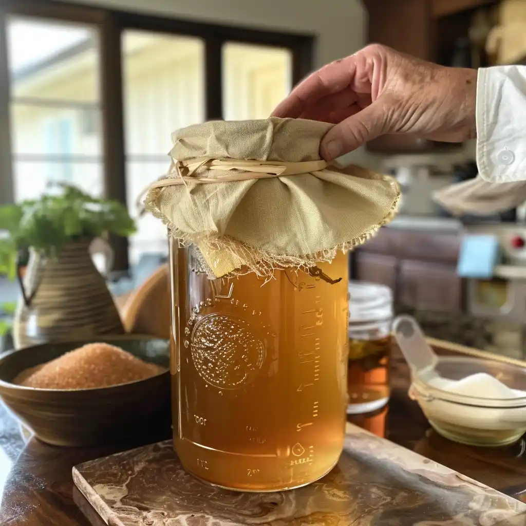 First fermentation—placing SCOBY into cooled sweet tea in a glass jar